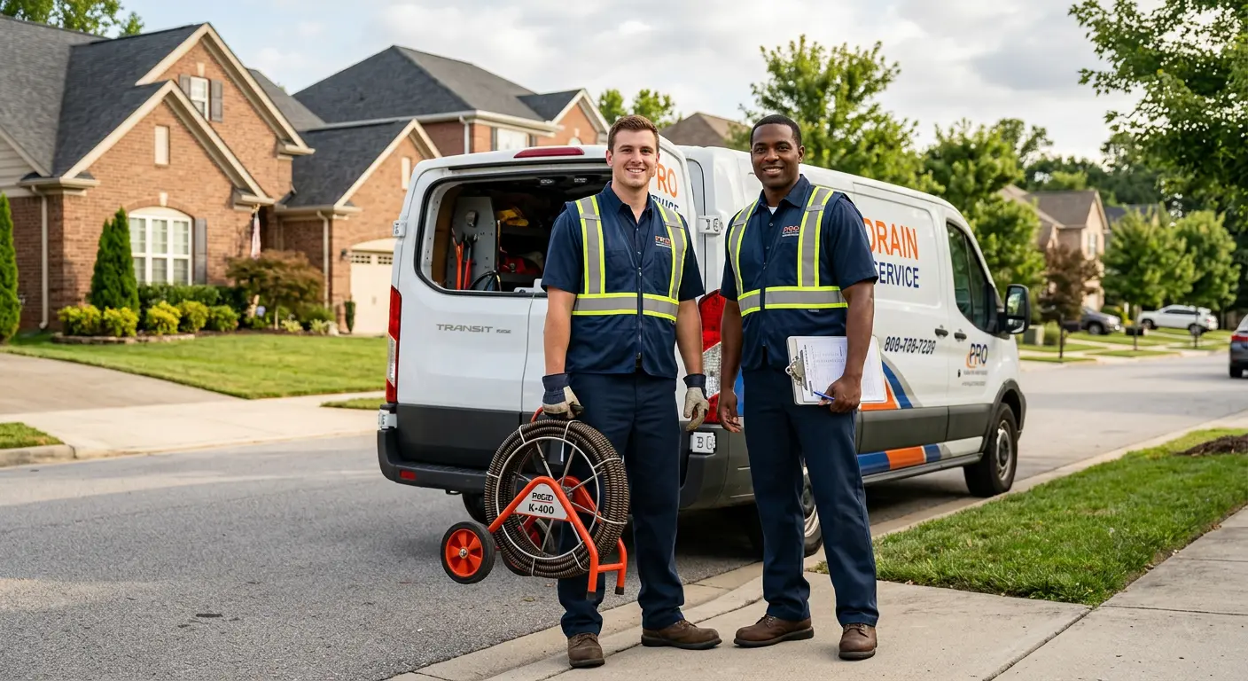 Sewer and drain service team with equipment ready for work in Searcy