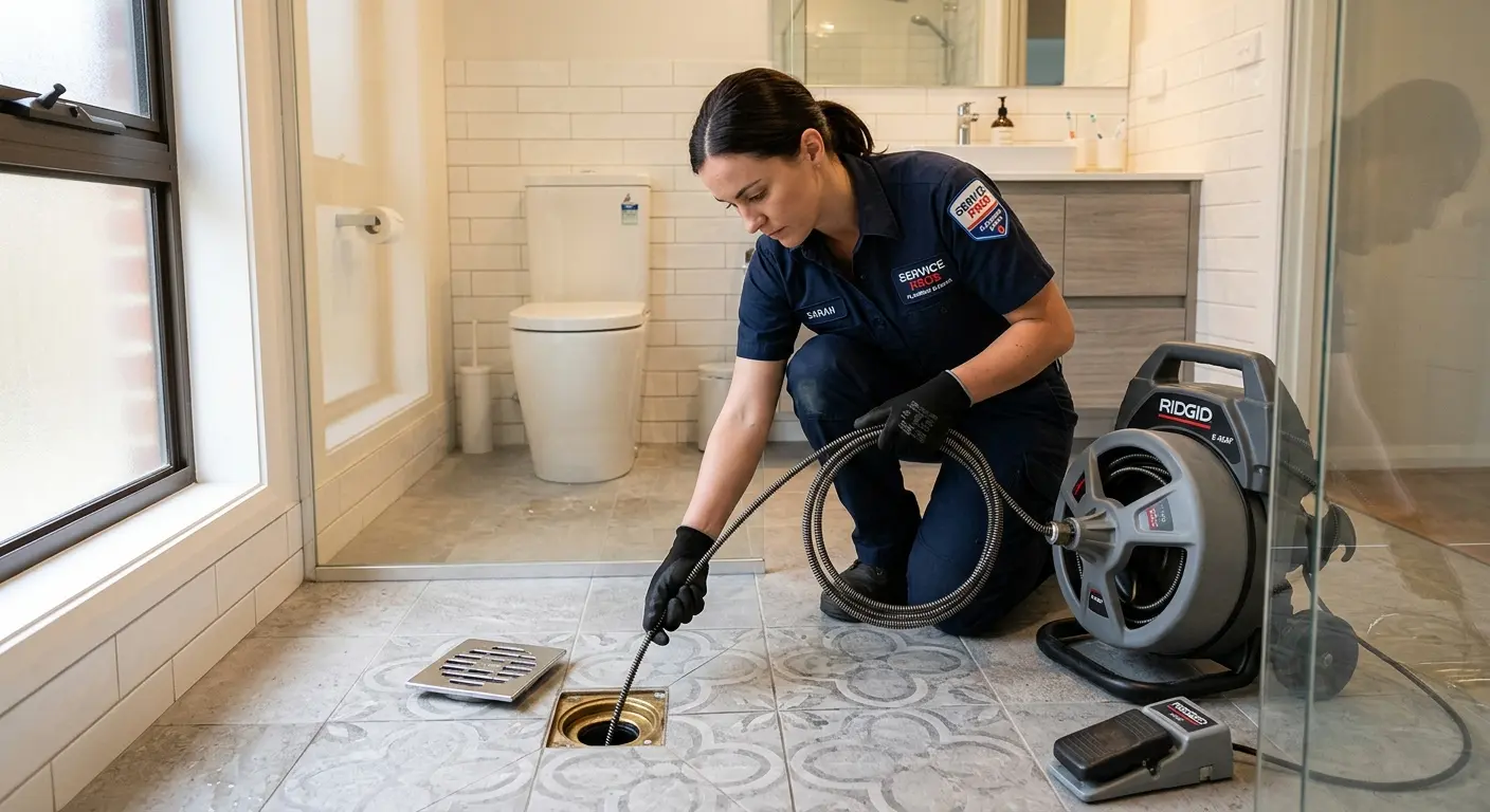 Technician clearing a bathroom floor drain for Drain Cleaning in Searcy